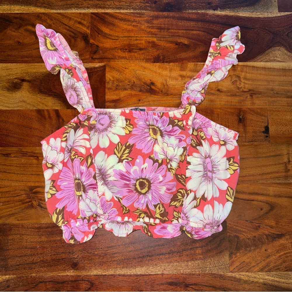 Floral Ruffle Crop Tank Top - Pink Floral size S